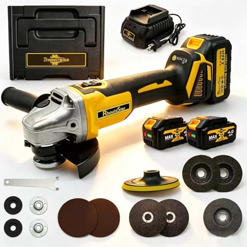 Rhovixstar Cordless Angle Grinder 3/8-16-21V Brushless Motor Battery Grinder Kit Power Cut Off Tool with 2x4.0Ah Battery & Charger Grinding Accessories for Metal Cutting Grinding Polishing