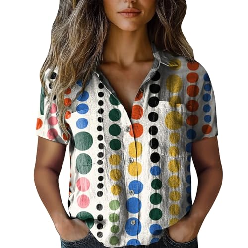 Linen Blouses for Women Casual 2025 Women Cotton Shirt Printed V Neck Button Down Shirts Casual Tops Short Sleeve
