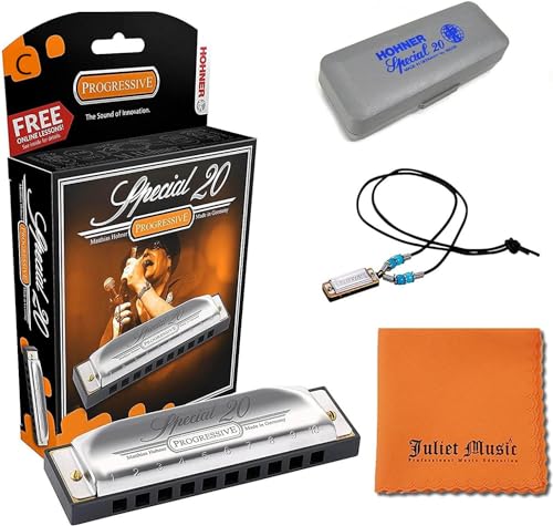 Hohner Harmonica Special 20 Key C Progressive Series 560PBXC 10 agujeros, paquete con estuche duro, mini collar de armónica Juliet Music paño de pulido