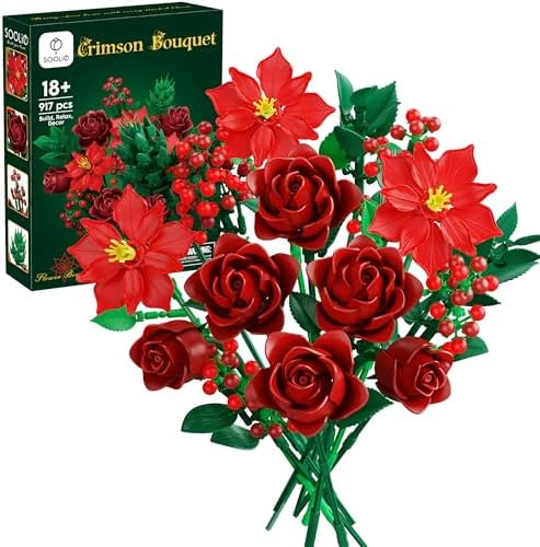 Soolio Valentines Rose Flower Bouquet Building Set for Adults, Buildable Artificial Poinsettia Floral Botanical Decor for Table Centerpiece, Birthday for Women Girl Teen (917 Pcs)