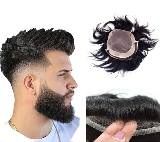 Fully Human Hair Patch for Men and Boys Hair Replacement System to Cover Baldness Hair Toupee Wigs with Small Tape and Extension Clips Black (Front Lace Patch, 7X5)-image-46