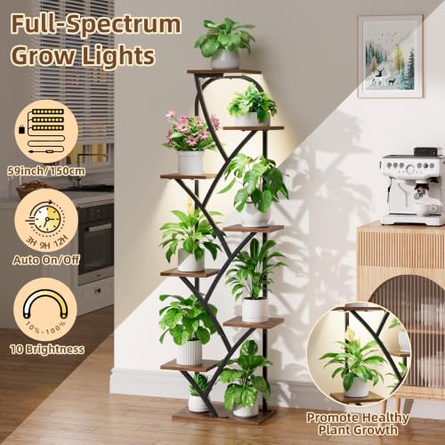 Image of Indoor Plant Stand with Grow Lights, 8 Tiered, 59.5 inch Tall | Plant Shelf, Flower Holder, Heavy Duty Anti-rust Iron Pipes, Water-resistant & Anti-corrosive Wood, Auto Timer