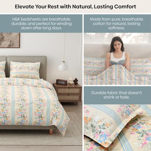 Image of Haus & Kinder Bedsheets for King Size Bed |100% Combed Cotton 186 TC Fitted Bedsheet King Size | 72 X 78 X 10 Inches Elastic Bed Sheet with 2 Pillow Covers - Serenade of Flowers