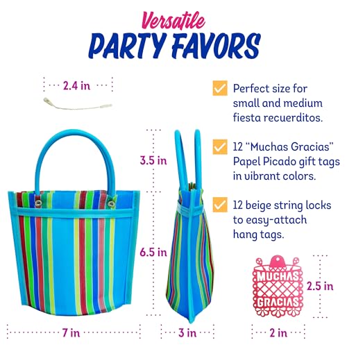 12 Mini Mercado Bags For Fiesta Mexicana Party Favors & Mexican Papel Picado Gift Tags