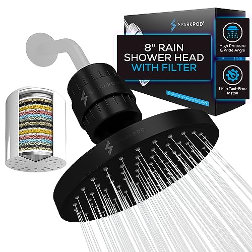 Image of SparkPod Filtered Shower Head, 23-Stage, 8 inch Round, Black Matte | Showerhead for Hard Water, High Pressure, Reduces Chlorine, Heavy Metals, For Dry Skin & Hair, Removable Capsule Filter