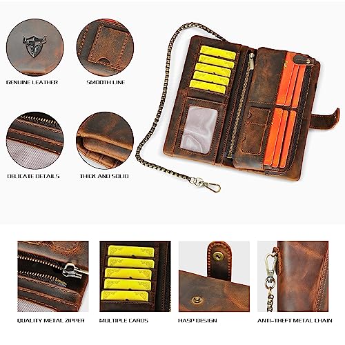 Genuine Crazy Horse Leather Travel Gift Coin Pocket Card Case Long Organizer Chain Rfid Wallet Purse With Snap For Men Male 1803 (1803 Brown)4
