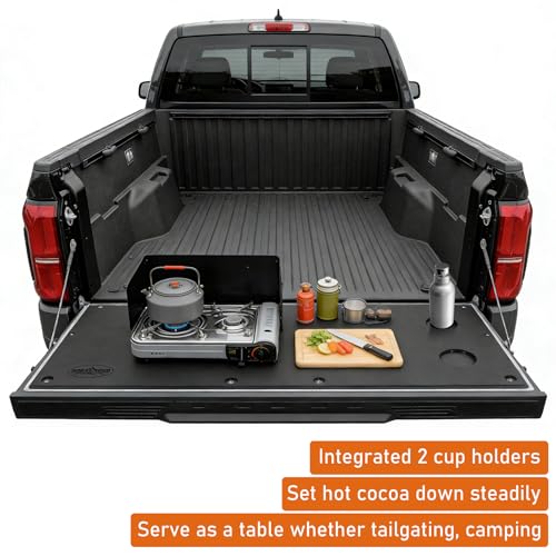 Image of Hooke Road 24-26 Tacoma Flat Tailgate Cover Panel Plate with 2 Cup Holders for 2024 2025 2026 Toyota Tacoma 4th Gen, Work as Camping Table Desk - Black Plastic Board