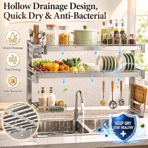 Image of COMFYHOME Stainless Steel Over the Sink Dish Drying Rack for Kitchen-Sturdy Stable, Rust-Proof Durable Features Cutting Board Holder, Knife Rack, and Storage Basket; Ideal for Dish Drainer Large Size