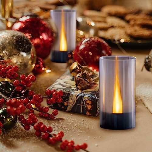 Image of Lanker Flameless Candles, Battery Operated LED Pillar D1.5 x H3 inch, Flickering Warm Yellow Long Flame-Effect Light with Black Base, Romantic Electronic Fake Set of 12 (Black)