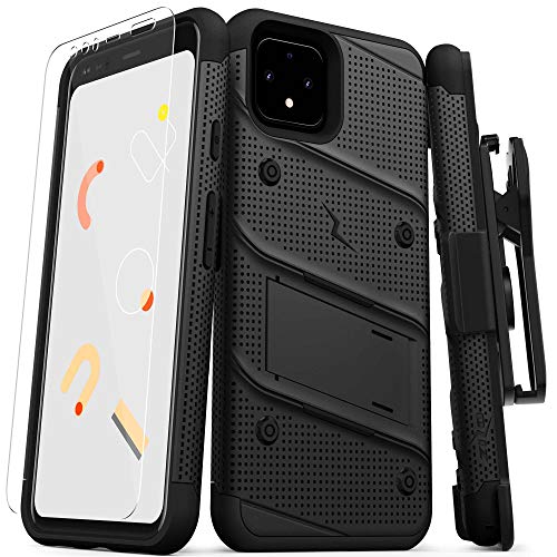 ZIZO Bolt Series Google Pixel 4 Case | Heavy-Duty Military-Grade Drop Protection w/Kickstand Included Belt Clip Holster Tempered Glass Lanyard (Black/Black)