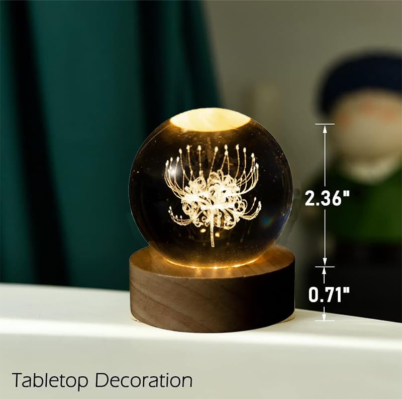 Image of 3D Red Spider Lily Crystal Ball Lamp, 60mm K9 Laser Engraved Flower Sphere with Wooden LED Base, Color-Changing Night Light Gift for Home Decor Bedroom Meditation