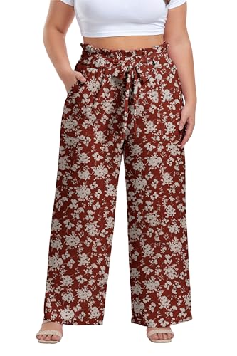 Image of OLRIK Women's Plus Size Pants Adjustable High Waisted Wide Leg Palazzo Pants Casual Trousers with Pockets Spring Clothes