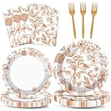 Justforjoyful 96Pcs Fall Party Supplies Autumn Paper Plates Napkins Thanksgiving Harvest Fall Cake Dessert Tableware Set Pumpkin Floral Picnic Dinnerware for Birthday Baby Shower Decoration Serve 24