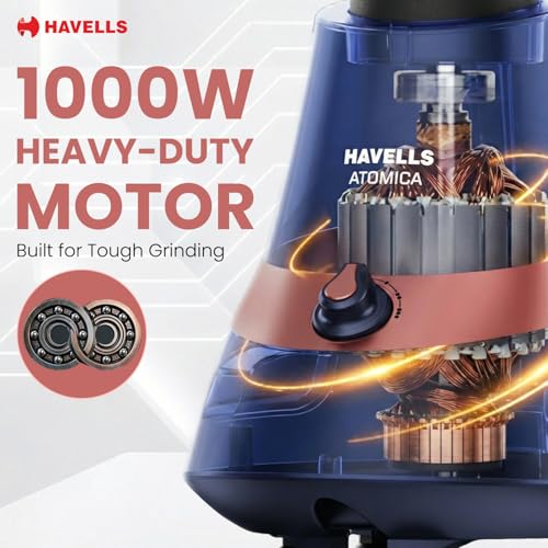 Image of Havells Atomica 1000W 3 Jar Mixer Grinder | 3 Speed | Air Vent Tech | Stainless steel blade | Dark Blue and Brown color