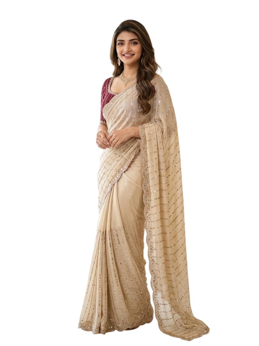 Women's Georgette Embroidered Saree(YF-CM-960-CREAM-P)-image-34