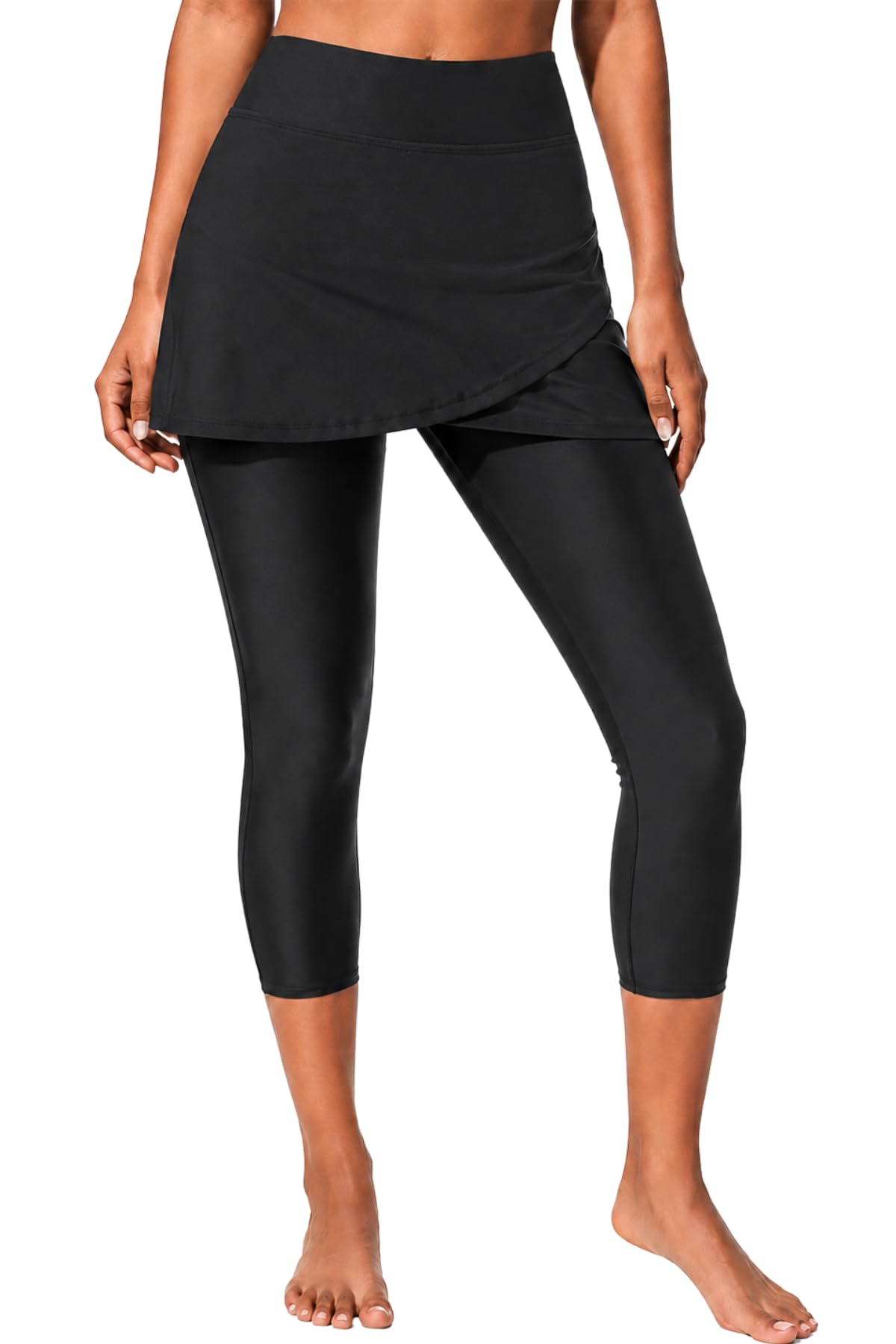 Swim Leggings with Skirt - Women Swimming Pants Capris Swimsuit High Waisted UV Swimwear Tights, Black, Small-image-36