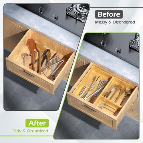 Bamboo Drawer Organizer Set, 5 PCS Multi-use Varied Sizes Junk Drawer Organizer Kitchen Storage Box for Office, Home, Bedroom, Bathroom, Bamboo - Image 5