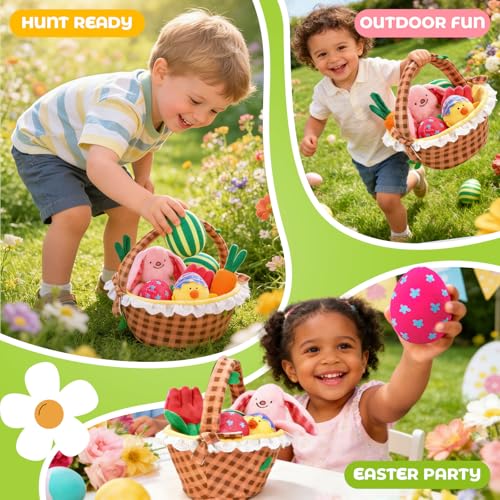 Image of JoyCat Baby Easter Basket, Easter Gifts for Baby Girl Boys Toddlers Kids, 6 PCS Plush Sensory Playset with Bunny Chick Egg Carrot Tulip Toys, Rattle, Squeaker & Crinkle Plush Toys, Easter Egg Hunt