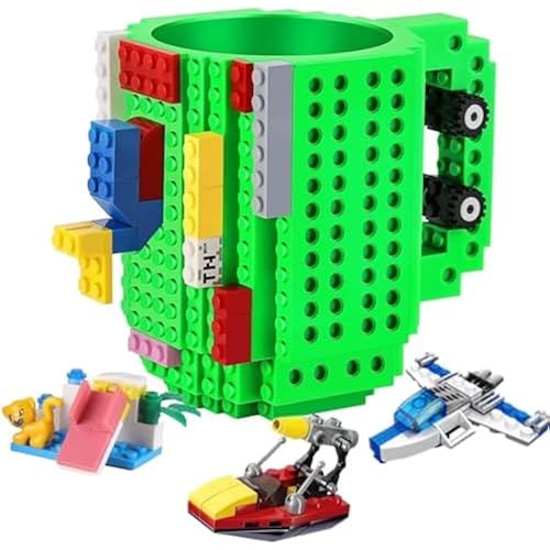 DEEXITO Build on Brick Coffee Mugs,Creative DIY Kids Party Cups with Building Blocks,Fun Novelty Gifts for Kids Childhood Adults Office Birthday Xmas,Green