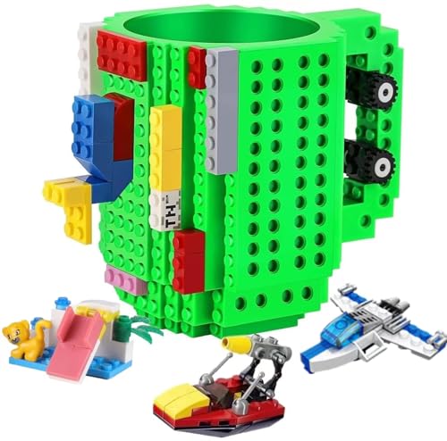 DEEXITO Build on Brick Coffee Mugs,Creative DIY Kids Party Cups with Building Blocks,Fun Novelty Gifts for Kids Childhood Adults Office Birthday Xmas,Green