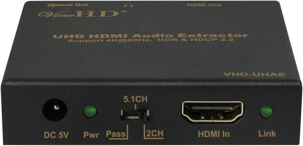 Front panel of ViewHD VHD-UHAE HDMI Audio Extractor showing DC 5V, Pwr LED, 5.1CH/Pass/2CH switch, HDMI In, and Link LED