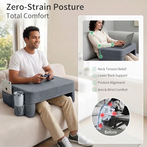 Image of Septsun 26 inch Extra Wide Lap Desk Pillow, Laptop Desk for Couch and Bed | Modern gray large soft foam workstation with ergonomic armrest elbow relief; mouse-ready fabric, cup holder, sofa gaming