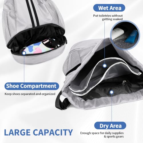 Image of JELUTAR Drawstring Backpack Gym Bag with Shoes Pocket, Grey Black