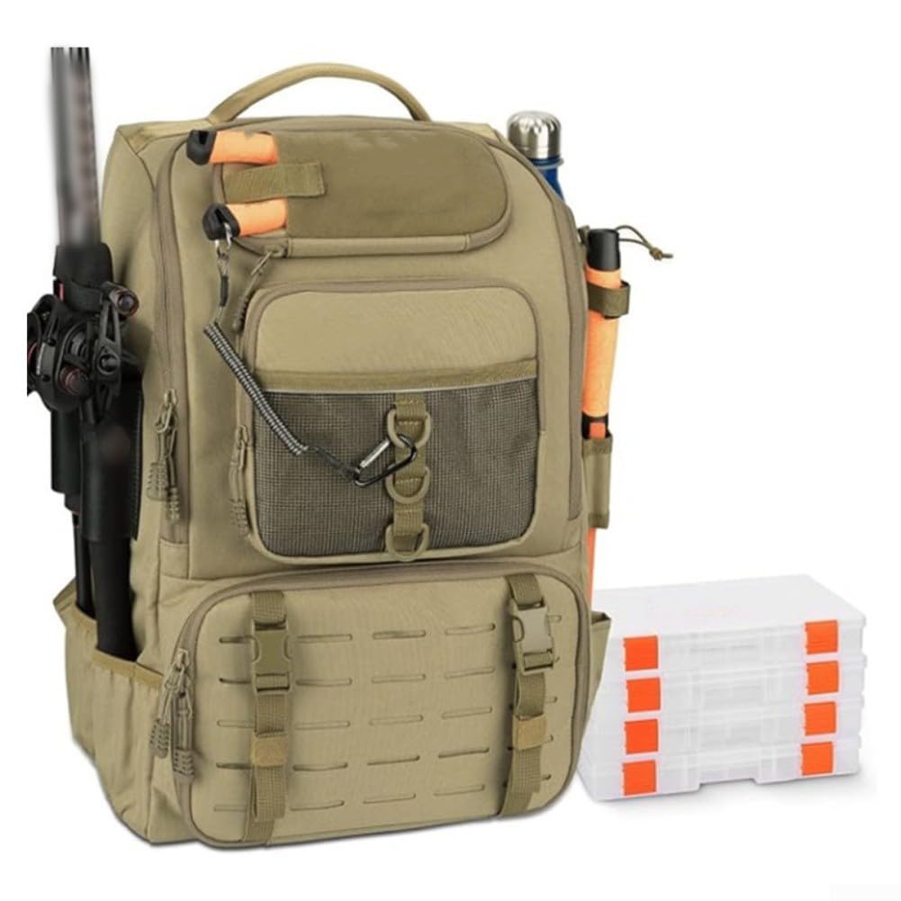 Sac à dos pour matériel de pêche avec porte-canne | Sac à dos multifonction de grande capacité de 40 L | Sac en tissu Oxford 600D avec 14 poches pour randonnée, camping, voyage en plein air (marron)