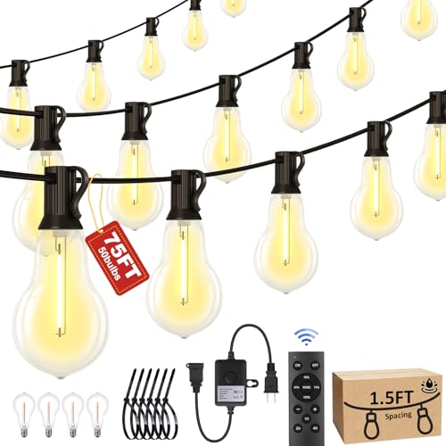 75FT Outdoor String Lights Waterproof with 50+4 Bulbs , Remote & Dimmer, Commercial Patio String Lights with 3 Mode Ligh - Detailed View