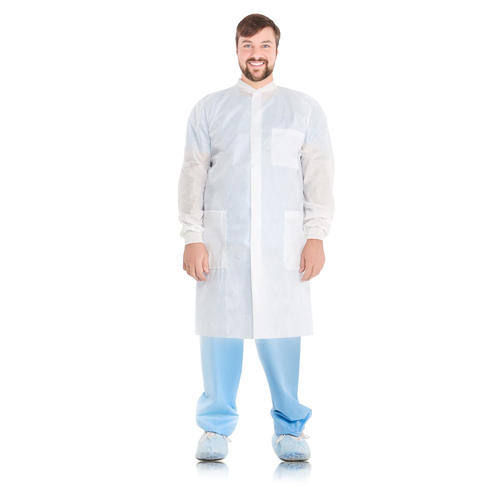 EZGOODZ White Disposable Lab Coat with Front Snaps, Knit Cuffs, Collar, 3 Pockets, SMS 40 gsm Disposable Lab Coats for Adults