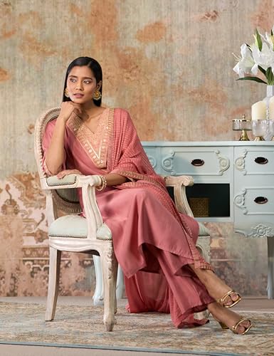 Image of Gerua By Libas Yoke Design Silk Blend Straight Kurta With Trouser and Dupatta