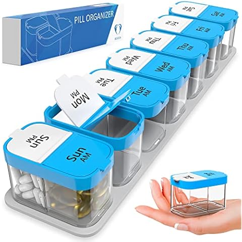 Extra Large Weekly Pill Organizer - XL Daily Pill Box - 7 Day Am Pm Pill Case Jumbo Pill Container for Supplements Big Pill Holder Twice A Day Oversized (Blue/White) Cover