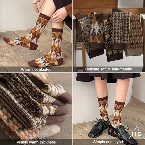 Image of IIG 3-5 Pairs Womens Vintage Cozy Crew Socks Soft Cute Neutral Cotton Socks Exquisite Patterns Socks Gift