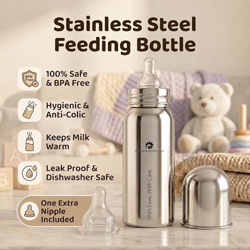 Image of StarAndDaisy Baby Milk Bottle for new Born /Infant /Toddler Pack of 3-200 ML SUS 304 Steel Baby Feeding Bottle for 0+ Months, BPA Free Leakproof Bottle, Anti Colic, Easy to Clean & Extra Nipple