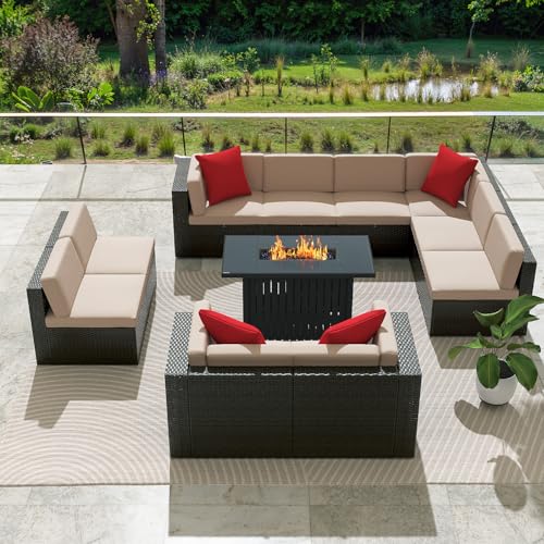 Image of Greesum Patio Furniture Sets 11-Pieces Outdoor PE Rattan Sectional Sofa w /43in Gas Fire Pit Table 55000 BTU Add Warmth to Gatherings Parties On Deck Garden Backyard,Beige
