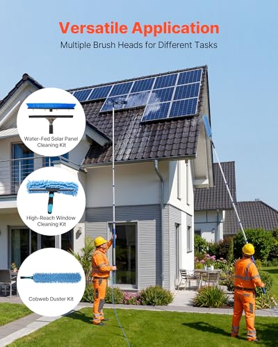 VEVOR 2-in-1 Teleskop Waschbürste für Solarpanel, Photovoltaik Reiniger Set mit 1,2-4,6m Alu-Teleskop 20m Wasseranschluss Abzieher Seifenspender, Reinigungsbürste für Solaranlage Fenster Terrassendach