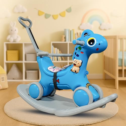 Image of Kidsmate 3-in-1 Push Ride-On and Rocker for Kids 2-5 Years | Ride, Push & Rock Modes | Seat Belt Safety | Non-Toxic & PE Body with Parental Handle | Rocker Horse for Babies (Blue)