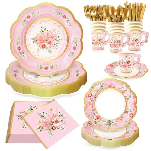 168 PCS Flower Tea Party Supplies Pink Vintage Floral Paper Plates Napkins Cups Cutlery for 24 Guests Floral Disposable Plates for Birthday Baby Shower Bridal Shower Wedding Party Decorations