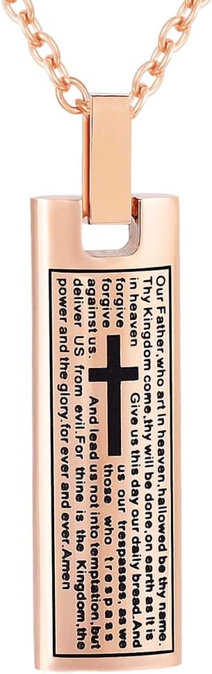 Our Father Lord's Prayer and Cross Urn Pendant Necklace Cremation Urn Necklace Cremation Jewelry Stainless Steel Rectangle Cremation Pendant Memorial Ashes Keepsake Urn Necklace