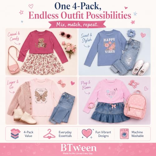 Image of BTween Girls 4 Pack Long Sleeve Graphic T-Shirts Cotton Blend, Fun Vibrant Designs