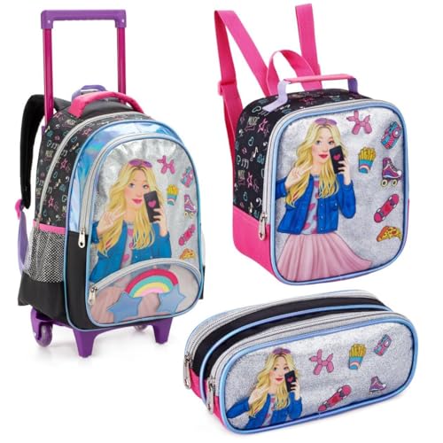 Kit Escolar para Menina Fashion, Mochila com Rodinhas + Lancheira Térmica + Estojo, Para Aula, Feminino (Selfie Girl - Kit Preto)