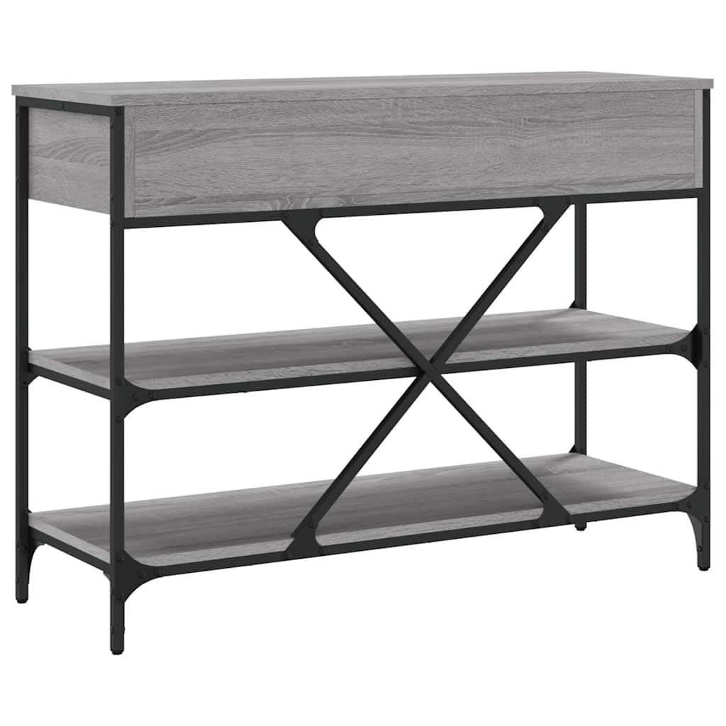 Mesa consola con 2 cajones y estantes, mesa de pasillo de madera y acero, mesa auxiliar clásica para salón y pasillo, gris Sonoma, 100 x 34,5 x 75 cm