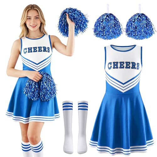 Taechalingo Cheerleader Kostüm Damen Cheerleadering Outfit Kostüm Cheerleader Kostüme für Erwachsene Cheer Outfit Fasching Party Kostüm Kleid mit Pompoms Stick Karneval Mottoparty