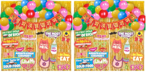 Image of WOBBOX Annaprashan Party Props with Hindi Font Red & Golden Color Bunting Banner & Balloon & Foil Fringe, Annaprashan Decoration Item (44 Pcs Combo) (Pack of 2)