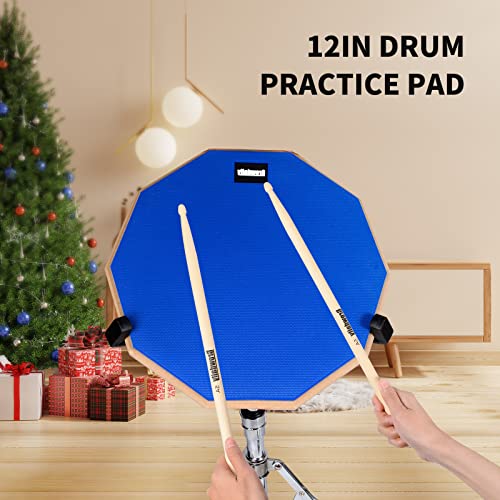 Image of GrowDaily Drum Practice Pad Snare Drum Stand Set 12 In With Blue Double Sided Silent Drum Pad,Drum Dampeners Gel, Drum sticks,Carrying Bag Adjustable Stand(Fits 10''-14'' Drums) (Blue)