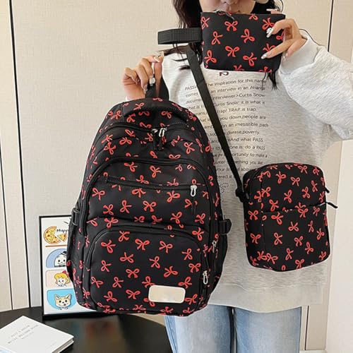 Bow Backpack for Girls, Trendy Nylon Rucksack, Cute Preppy Bag Floral Printed Kawaii Backpack 3 PCS Set (Red)2