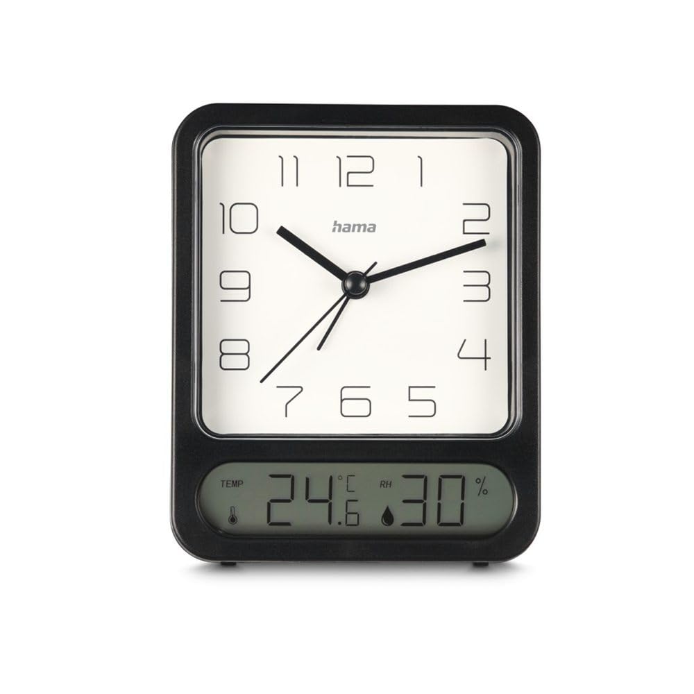 Hama Pag Alarm Clock, with Thermometer/Hygrometer, Non-Ticking, Black