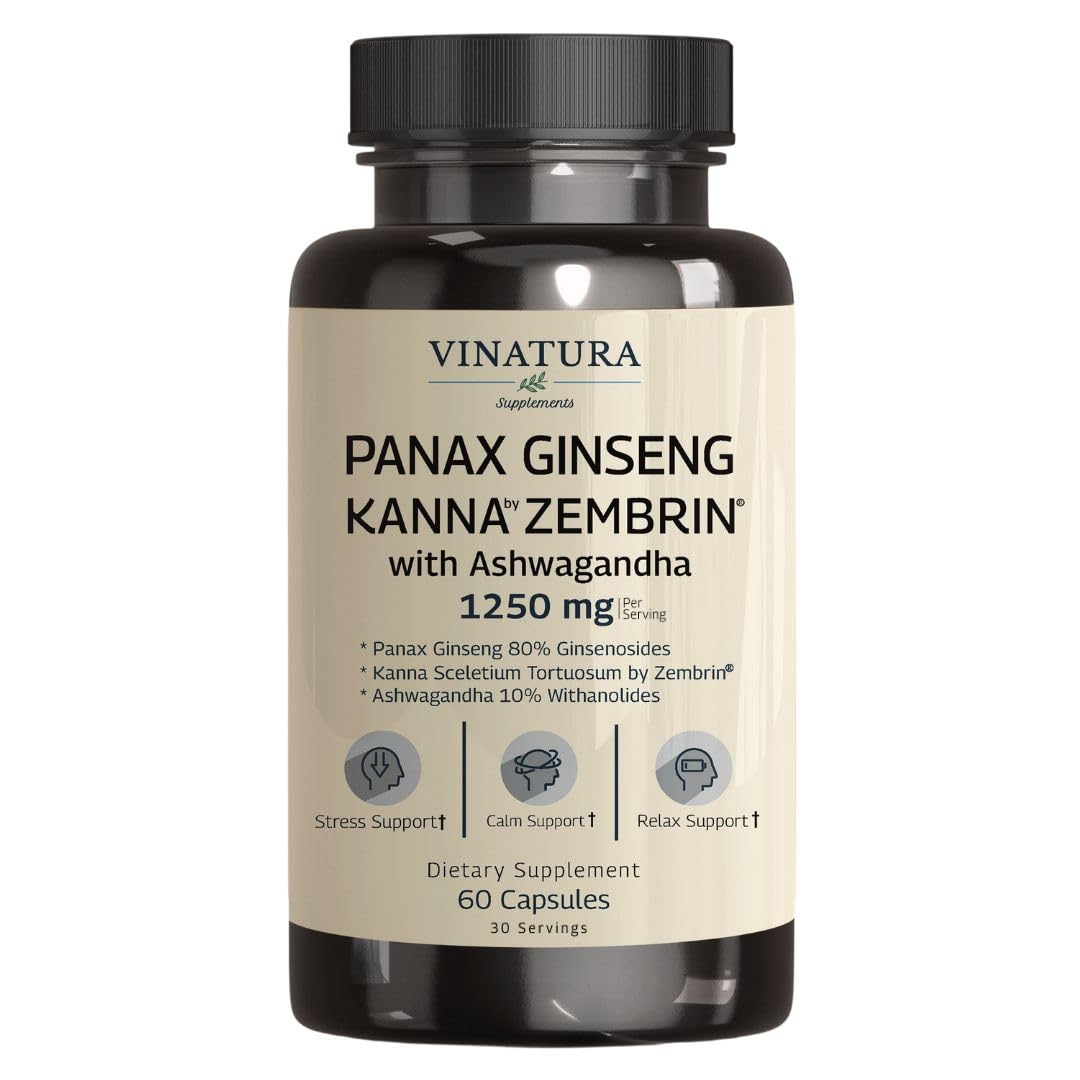 VINATURA Ashwagandha Korean Ginseng Kanna Zembrin - 1250mg per serv Brain Health, Stress Relief Support Sceletium Tortuosum Panax Ginseng 80% Ginsenosides Ashwagandha Capsules 10% Withanolides