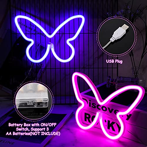 Image of Riakrum 2 Pcs Butterfly Neon Signs LED Lights Decor, Pink, Blue