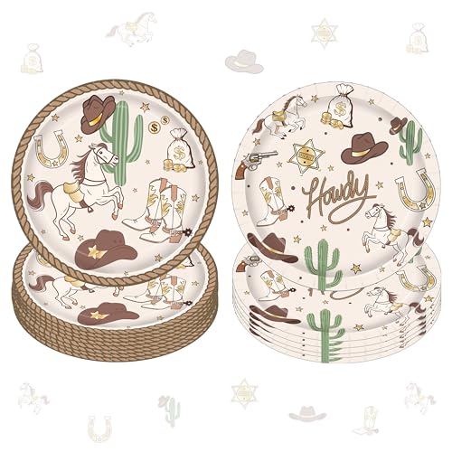 LUCKYQUBE Western Rodeo Disposable Plates 48Pcs Cowboy Themed Birthday Party Supplies 9 Inch Brown Cowboy Paper Plates with Hat and Cactus Design for Hoedown Bachelorette Party Tableware Decor